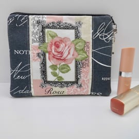 Make up purse with pink rose and vintage style fabric