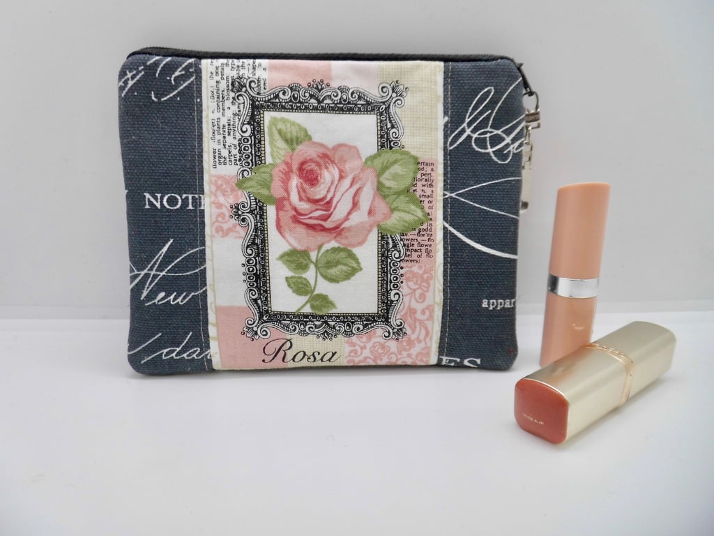 Make up purse with pink rose and vintage style fabric