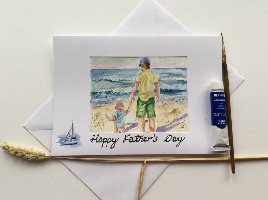 Father's Day handpainted card with father and daughter on beach
