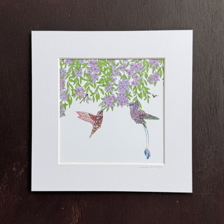 'Botanical Hummingbirds' 8" x 8" Mounted Print