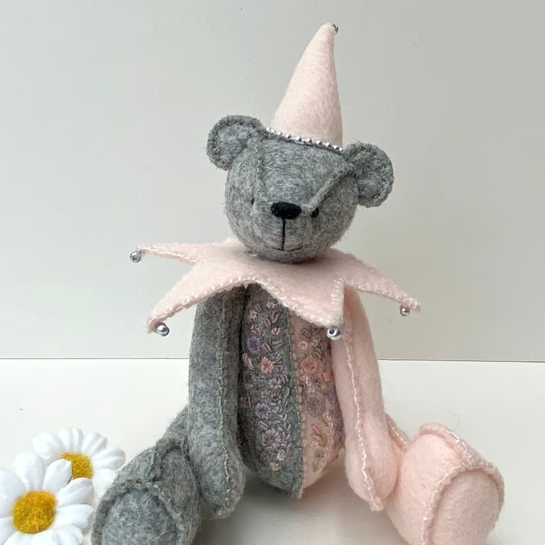 Jester teddy bear, one of a kind adult collectable hand embroidered artist bear