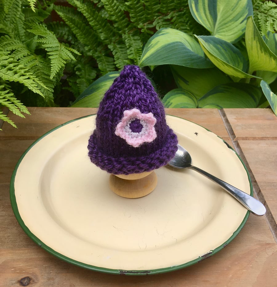 SALE - Purple Hand Knitted Egg Cosy, Crochet Flower Egg Cozy