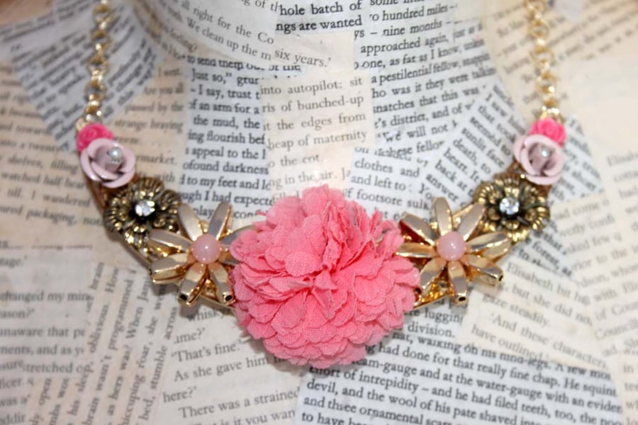 Rose Flower Pink and Gold Bib Collar Necklace