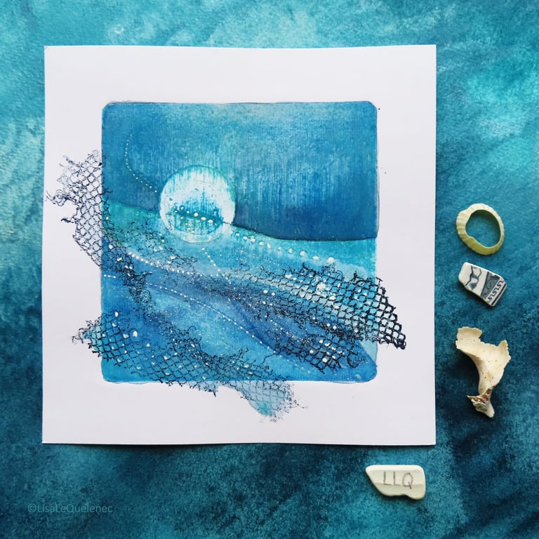 Norse mythology inspired mixed media ocean art night sea and netting