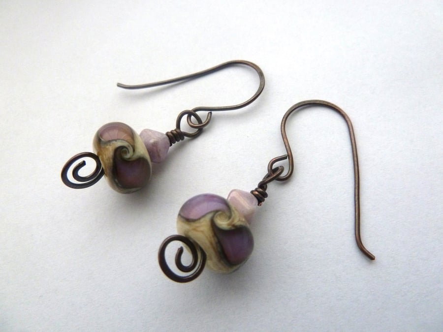 lilac swirl copper and lampwork earrings