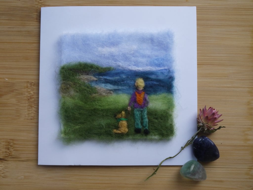 Handmade needle felted Out walking greetings card