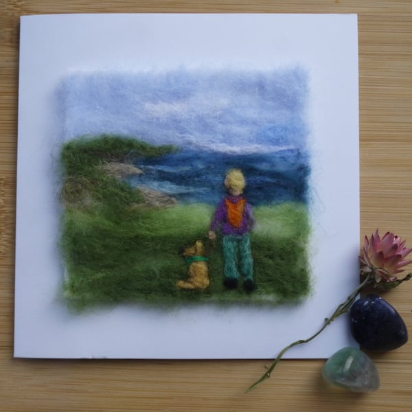 Handmade needle felted Out walking greetings card