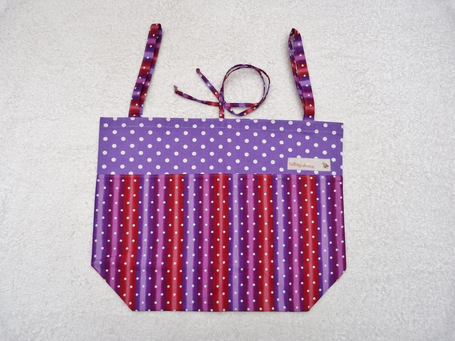 Folding Tote Bag in Stripe and Polka Dot Print Fabric. Purples and Red