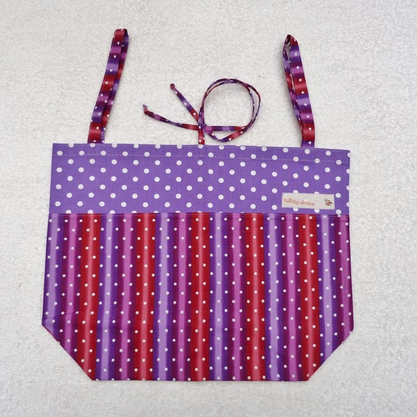 Folding Tote Bag in Stripe and Polka Dot Print Fabric. Purples and Red