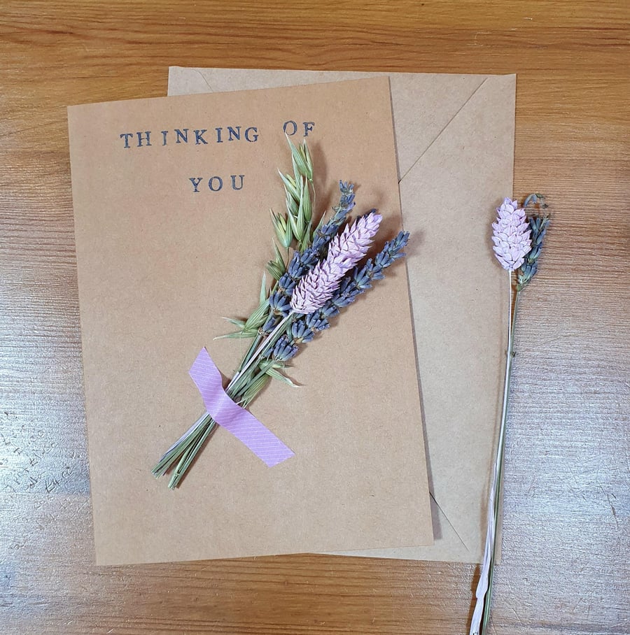 Dried Flower Greeting Card. Thinking of You Card. Handmade - Purple Lavender