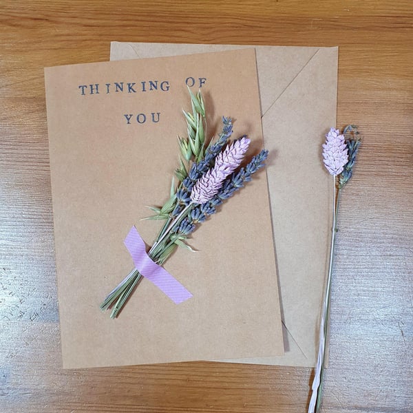 Dried Flower Greeting Card. Thinking of You Card. Handmade - Purple Lavender