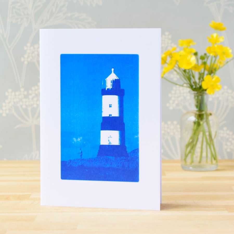 Penmon Lighthouse, Anglesey, Cyanotype Art Card, Blue and White