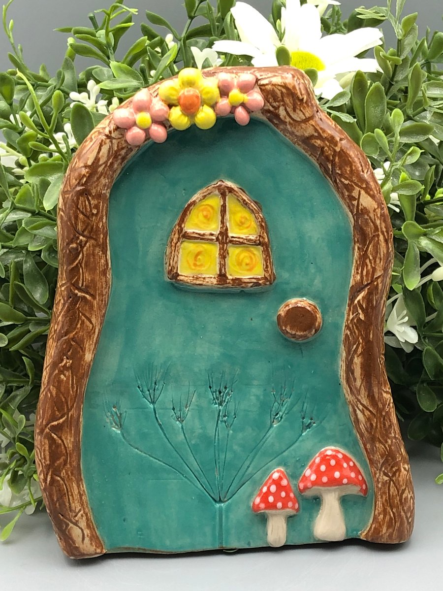 Ceramic fairy door green blue