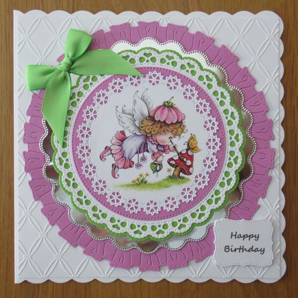 7x7" Young Fairy Painting A Toadstool - Birthday Card