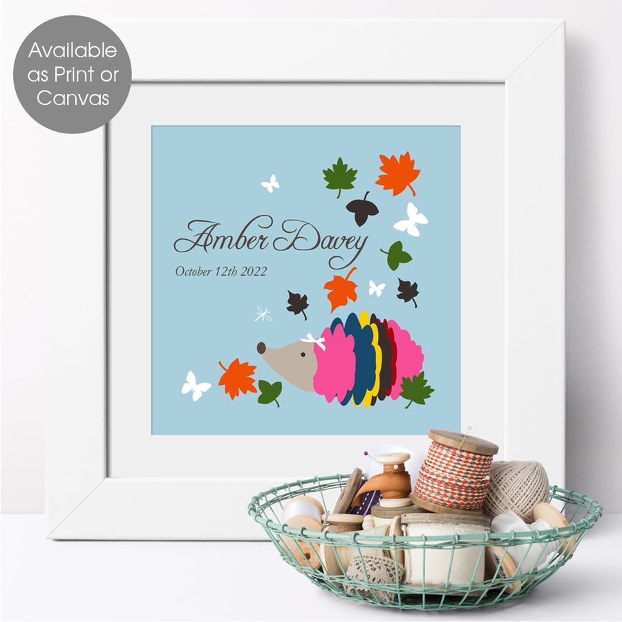 Hedgehog Personalised Nursery Art Print, birthday christening gift