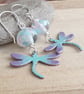 Enamel dragonfly earrings, Lilac and aqua, Insect jewellery - Image 5