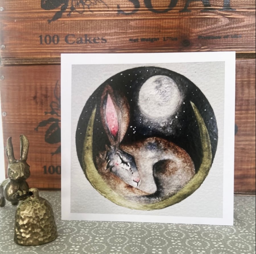  Print from my Original Resting Hare Rabbit under the Moon Watercolour  Painting