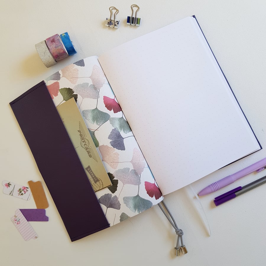 Gingko Purple Leather Journal or Planner, Refillable Lined or Dotted Pages, A5