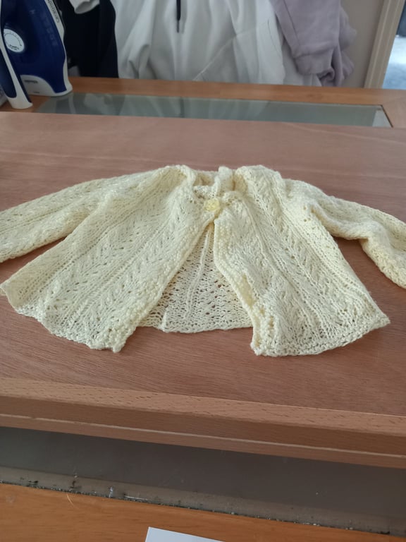 Lemon yellow baby cardigan lacy pattern 0- 6 months