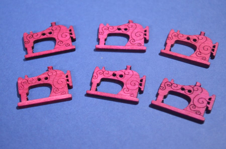 Wooden Sewing Machine Buttons Magenta Hot Pink 6pk Seamstress 26x20mm (S6)