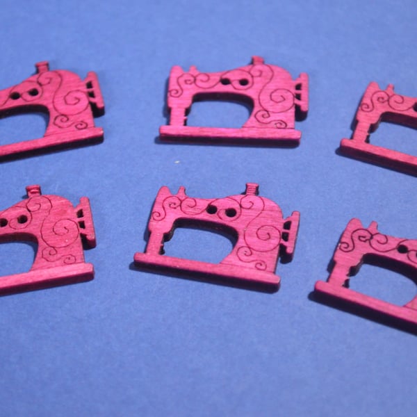 Wooden Sewing Machine Buttons Magenta Hot Pink 6pk Seamstress 26x20mm (S6)