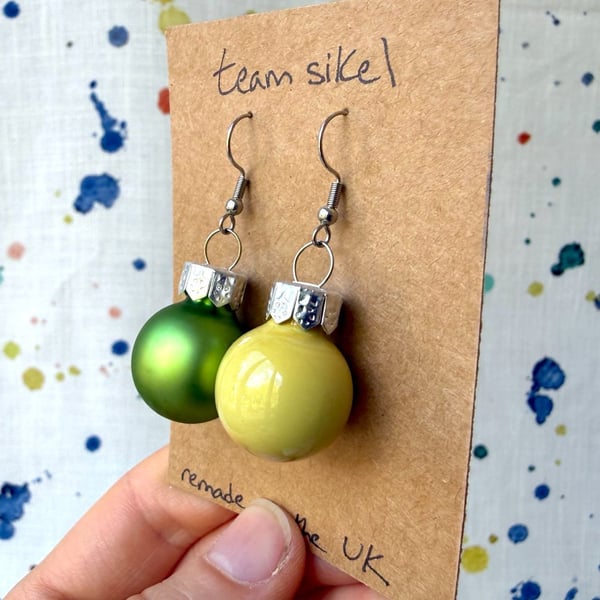 Mixed Yellow and Green Glass Mini Bauble Earrings - Festive - Super Seconds
