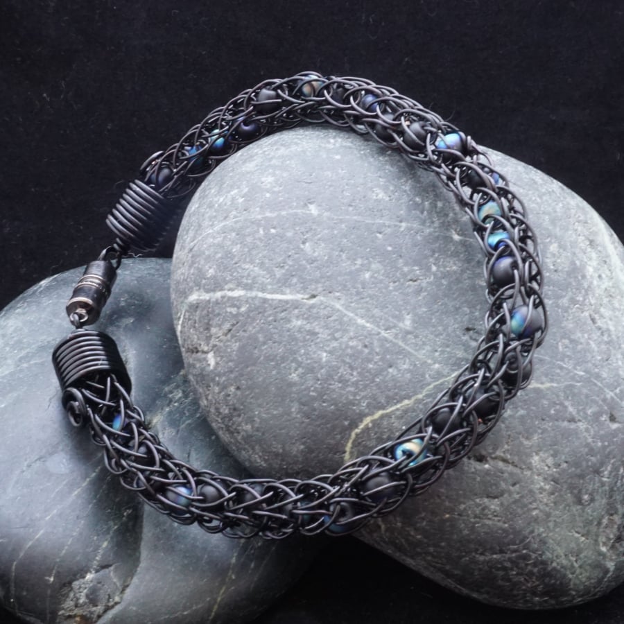 Black Viking Knit Bracelet with Black & Iridescent Beads
