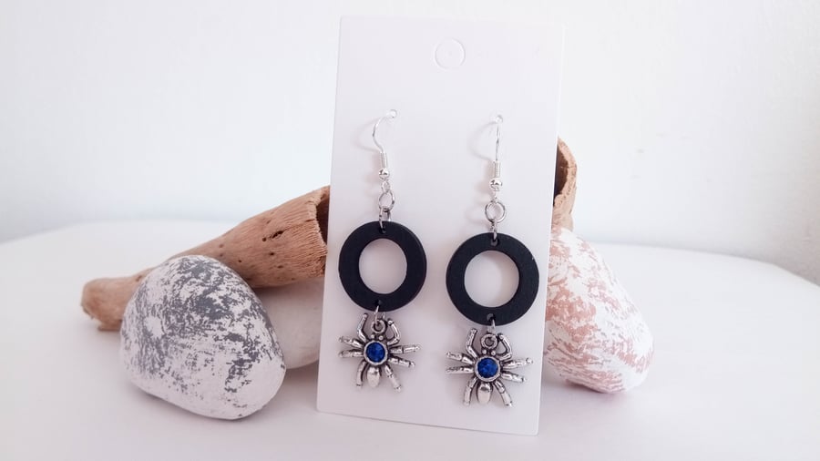 Silver Spider with Blue Glass Gem and Black Wood Hoop Earrings