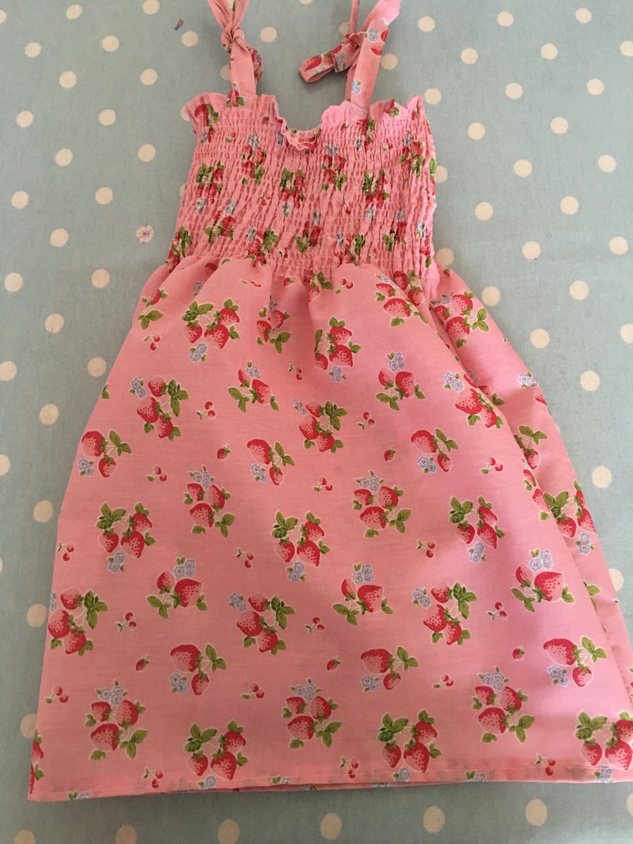 Aged 1-3 Smock style summer dress in  pink strawberry design cotton fabric