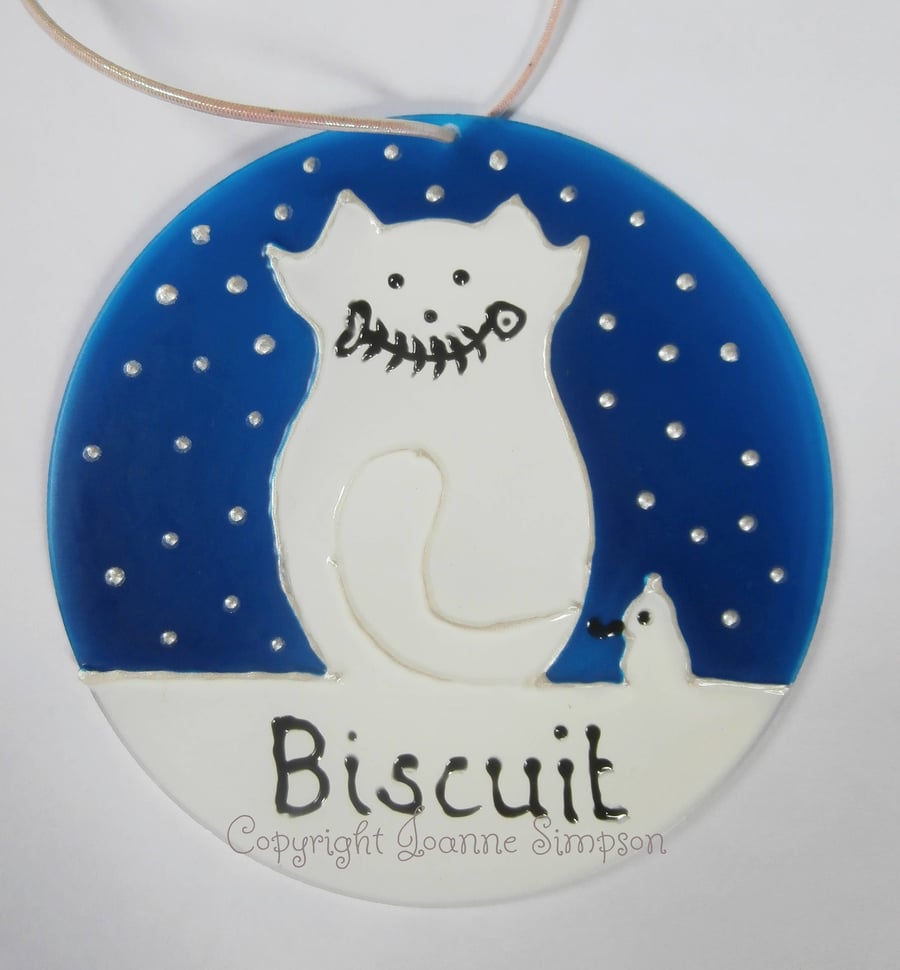Snow cat and Mouse Christmas Decoration, glass tree ornament, hand painted.