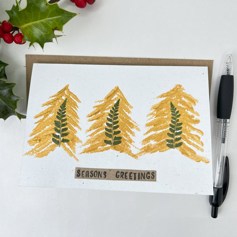 Handmade Real Pressed Ferns Trio of Gold Christmas Trees Card