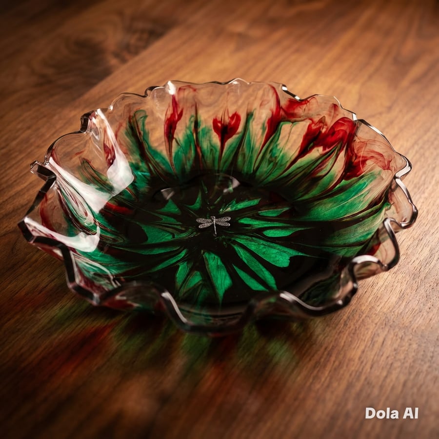 Green and Red Scalloped Decorative Bowl