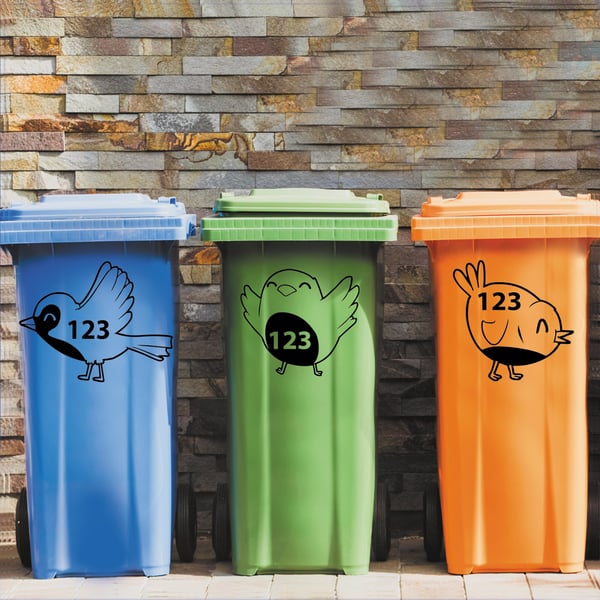 Wheelie Bin Personalised Sticker Custom Number House Number Funny Cartoon Robin 