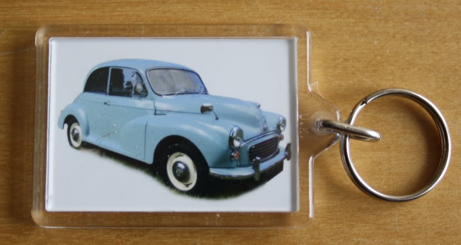 Morris Minor 1000 1962 (Pale Blue) - Keyring with 50x35mm Insert - Car Fan