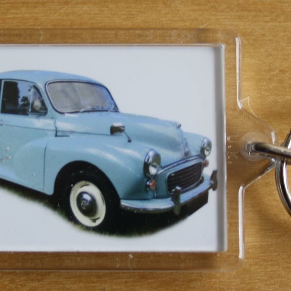 Morris Minor 1000 1962 (Pale Blue) - Keyring with 50x35mm Insert - Car Fan
