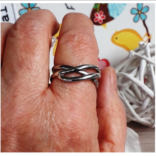 Silver Ring size V , double band crossover ring , sterling silver 