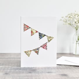 Sewn fabric bunting card, embroidered bunting, celebration card, stitched card