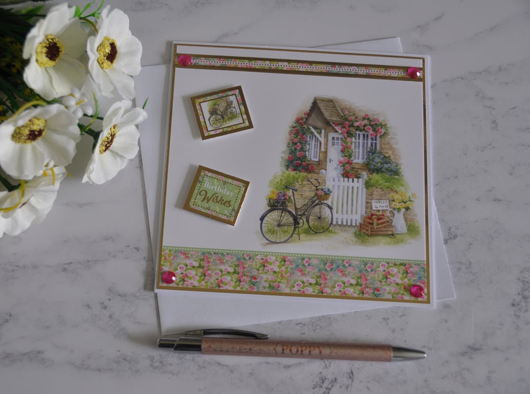 Birthday Card Happy Birthday Wishes Country Cottage Garden 3D Luxury Handmade