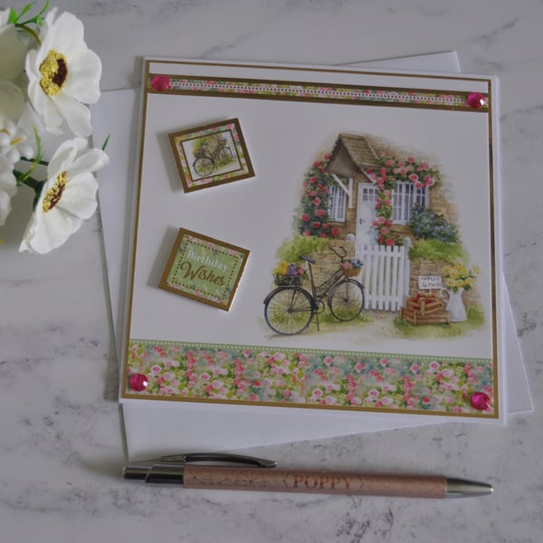 Birthday Card Happy Birthday Wishes Country Cottage Garden 3D Luxury Handmade