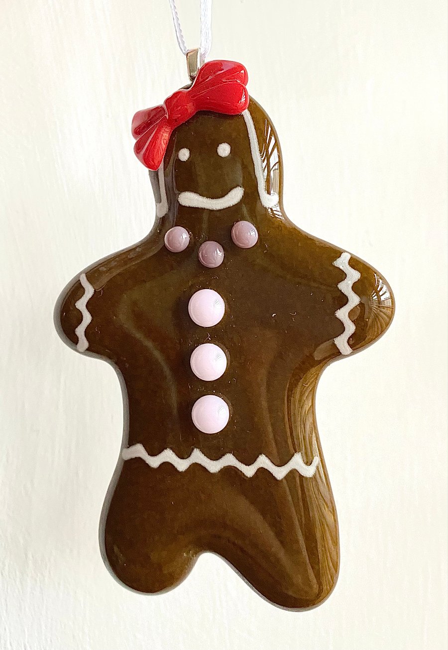 Medium Glass Gingerbread Lady Hanging Decoration - Red Bow