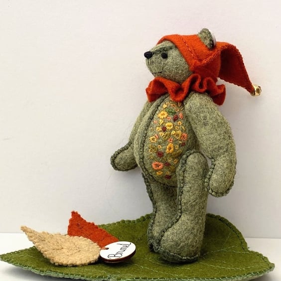 Woodland elf teddy bear, one of a kind collectable hand sewn artist bear
