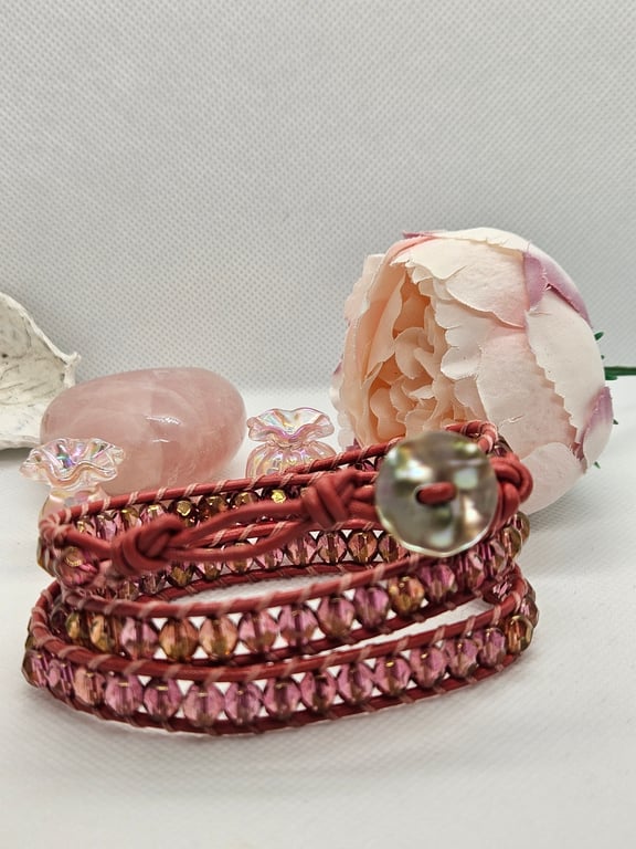 Pink AB Czech bead Boho triple leather wrap with shell clasp