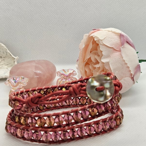 Pink AB Czech bead Boho triple leather wrap with shell clasp