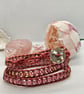 Pink AB Czech bead Boho triple leather wrap with shell clasp