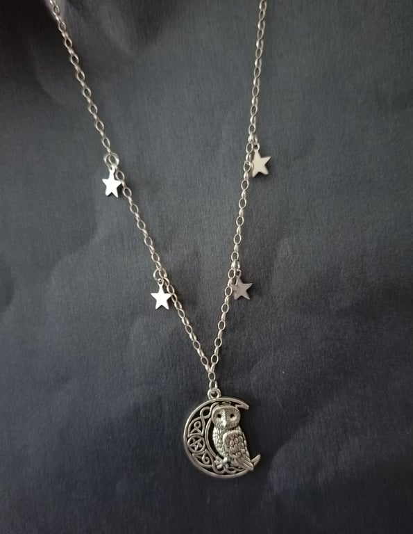 Silver owl and moon pendant necklace with star charms 