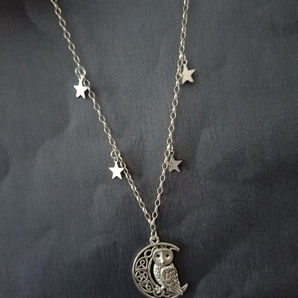Silver owl and moon pendant necklace with star charms 