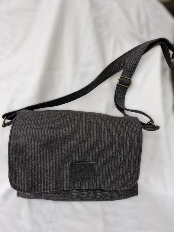 Dark grey wool mix pinstripe crossbody messenger bag with check lining