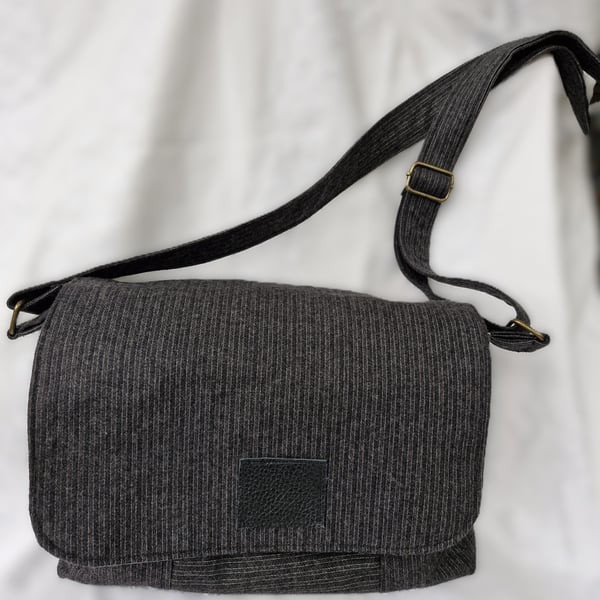 Dark grey wool mix pinstripe crossbody messenger bag with check lining