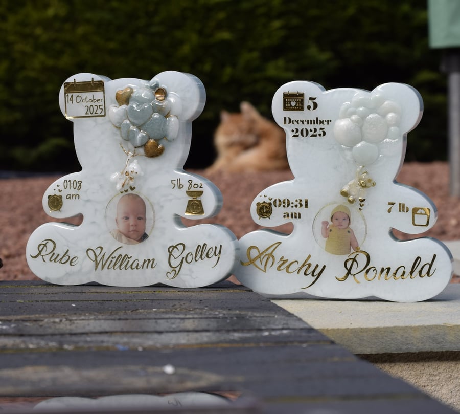 Resin Bear Shape Birth Stats KEEPSAKE - add Baby Scan or Photo