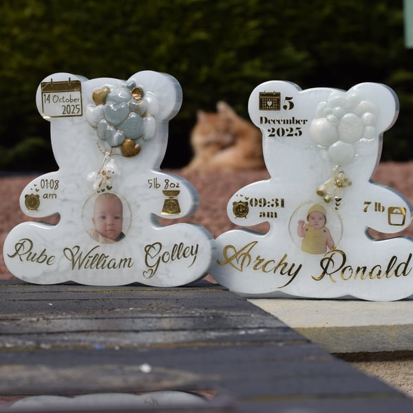 Resin Bear Shape Birth Stats KEEPSAKE - add Baby Scan or Photo